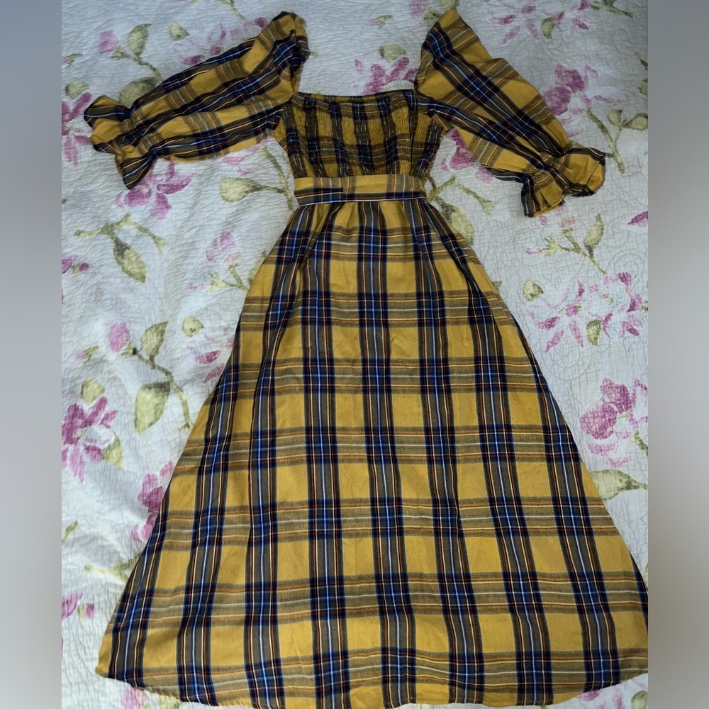 Mustard Plaid Puff-Sleeve Off The Shoulder Maxi Dress